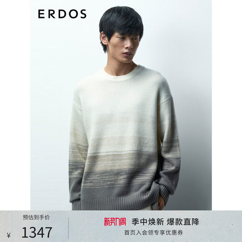 ERDOS 羊绒针织衫秋冬内搭圆领渐变拼色条纹时尚男士羊绒衫上衣