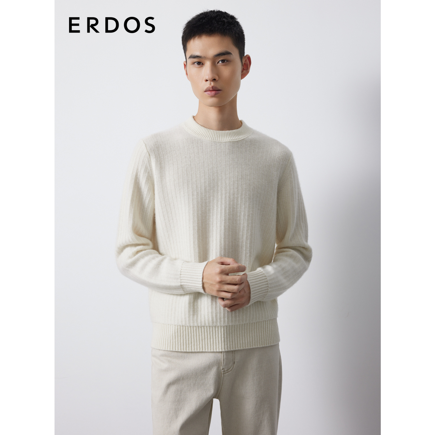 ERDOS 男装羊绒衫秋冬老钱风圆领翻花弹力针织衫商务休闲