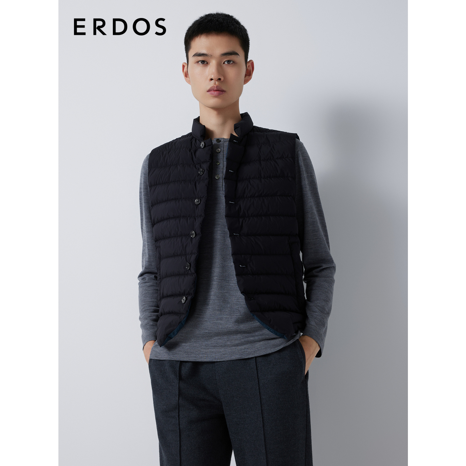 ERDOS 男装羽绒马甲秋冬白鹅绒含量90%黑色小立领厚款外套