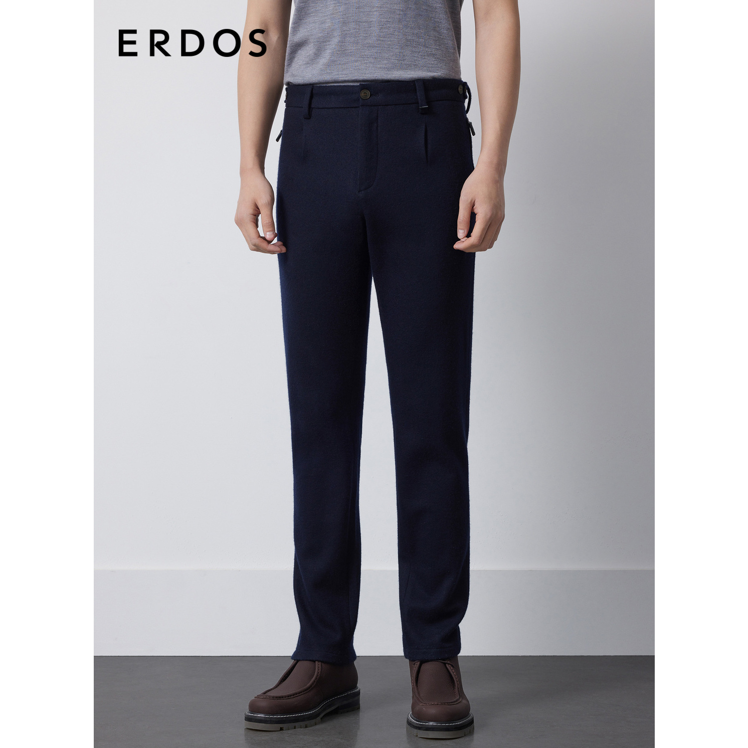 ERDOS 男装山羊绒长裤秋冬藏蓝色商务西裤中腰微弹直筒裤
