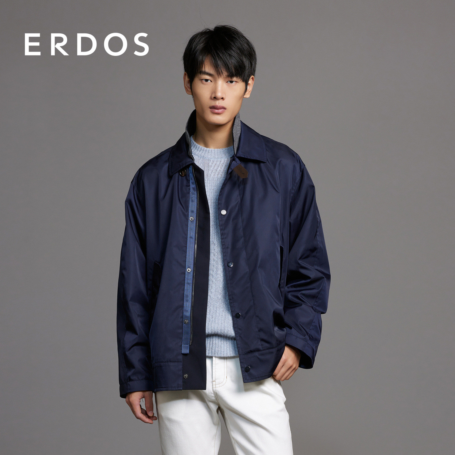 ERDOS 男装外套春季款深蓝色设计感双领口夹克商务休闲轻运动
