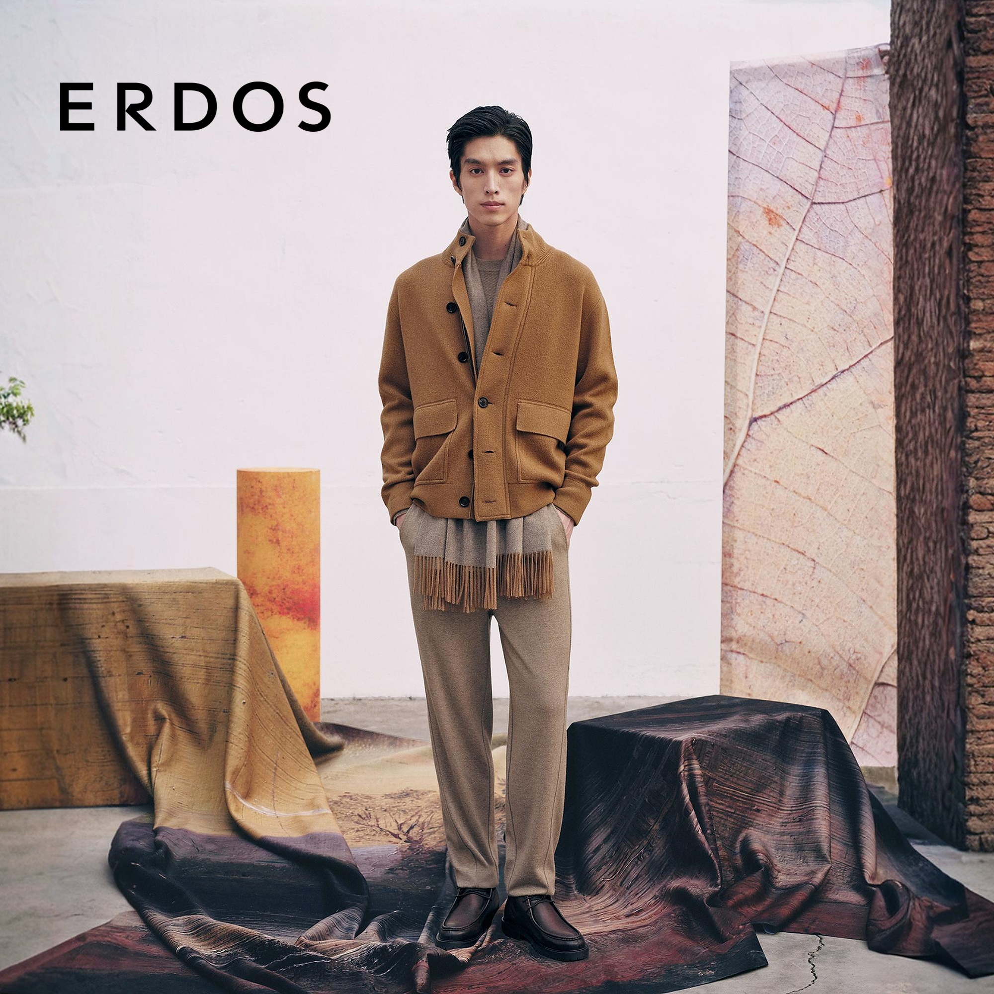 ERDOS 男装无染色羊绒裤25年秋冬新品松紧腰老钱风休闲直筒裤