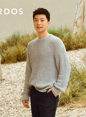 【马龙同款】ERDOS 男装高棉质针织衫春季款蓝色圆领薄款弹力上衣