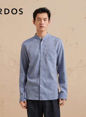 ERDOS 男装棉麻混纺衬衫秋冬蓝色立领轻薄长袖上衣商务休闲
