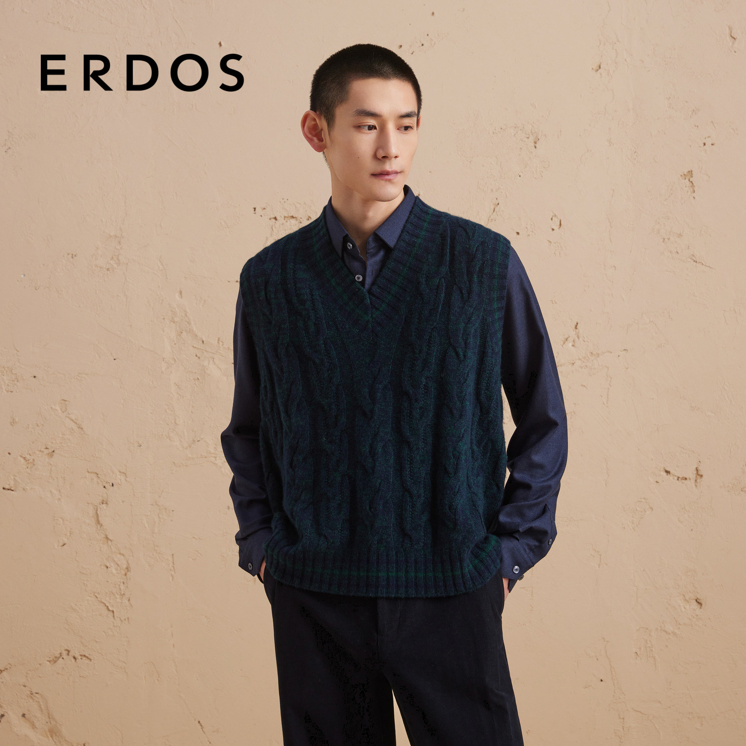 ERDOS 男装羊毛绒混纺背心秋冬V领绞花宽松百搭针织衫,男装,羊绒背心,淘宝优惠券,粉丝福利购,淘宝优惠卷