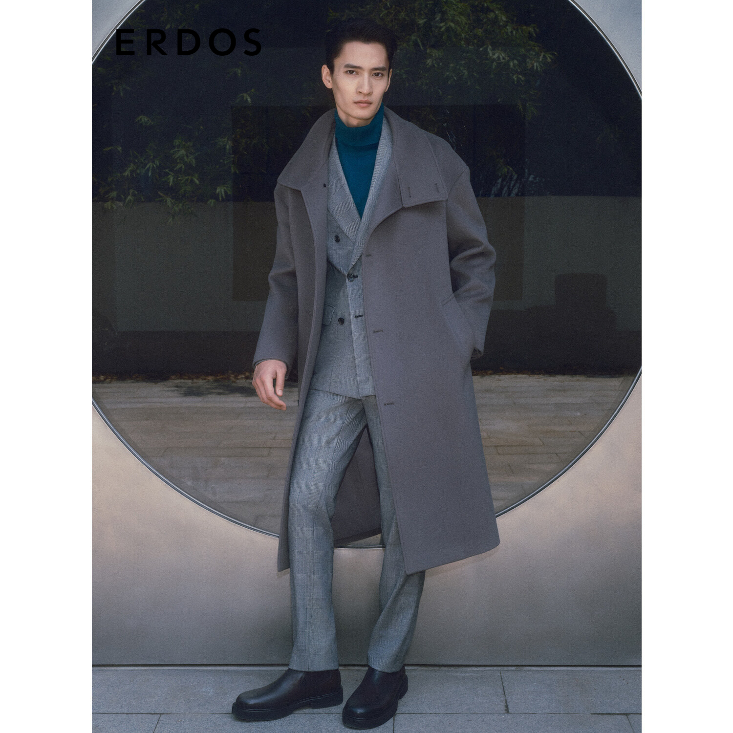 ERDOS 男装毛丝混纺大衣秋冬灰色中长款都市厚款外套轻商务