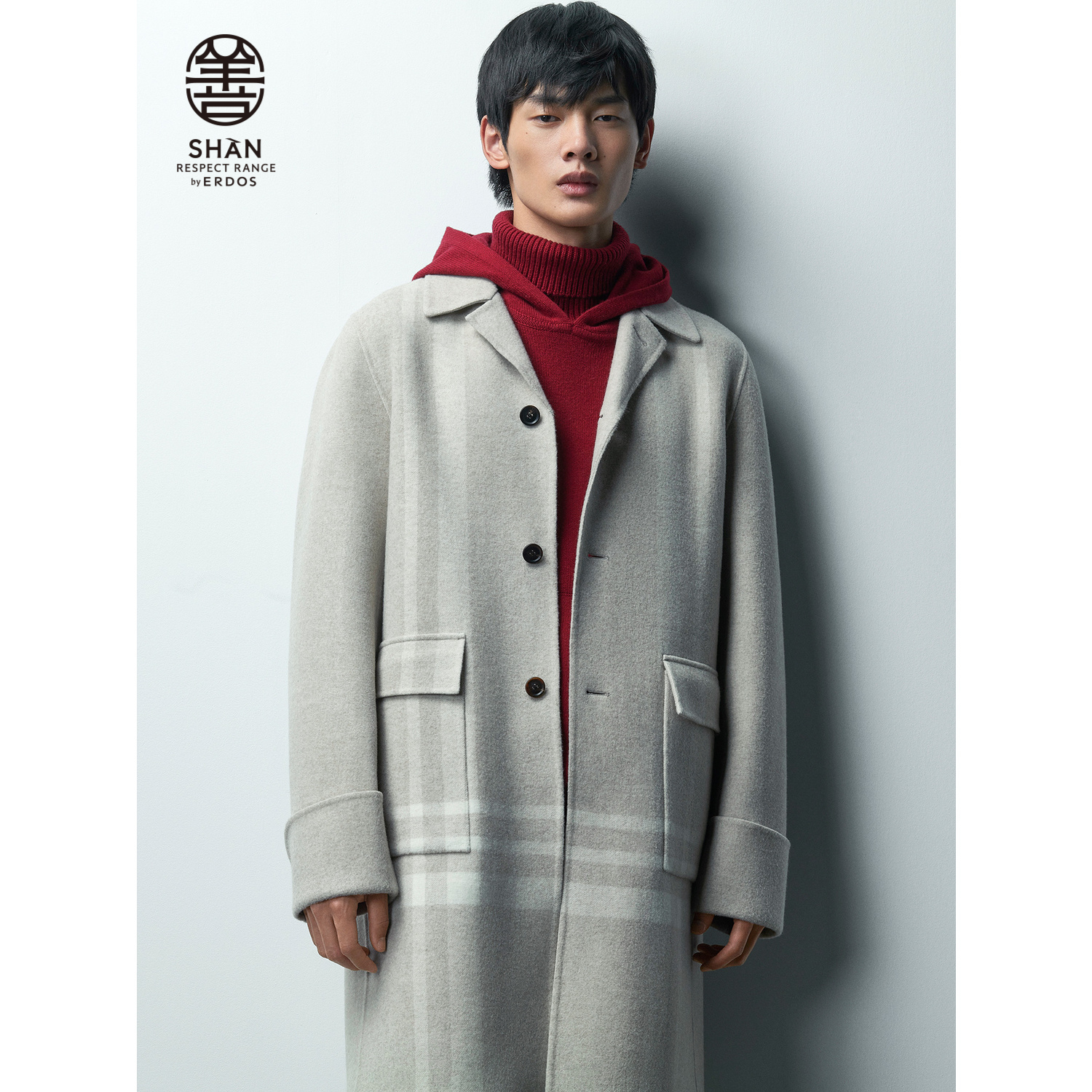 【羊绒大衣】ERDOS 男装善系列秋冬浅鸽灰西装领中长款毛呢大衣