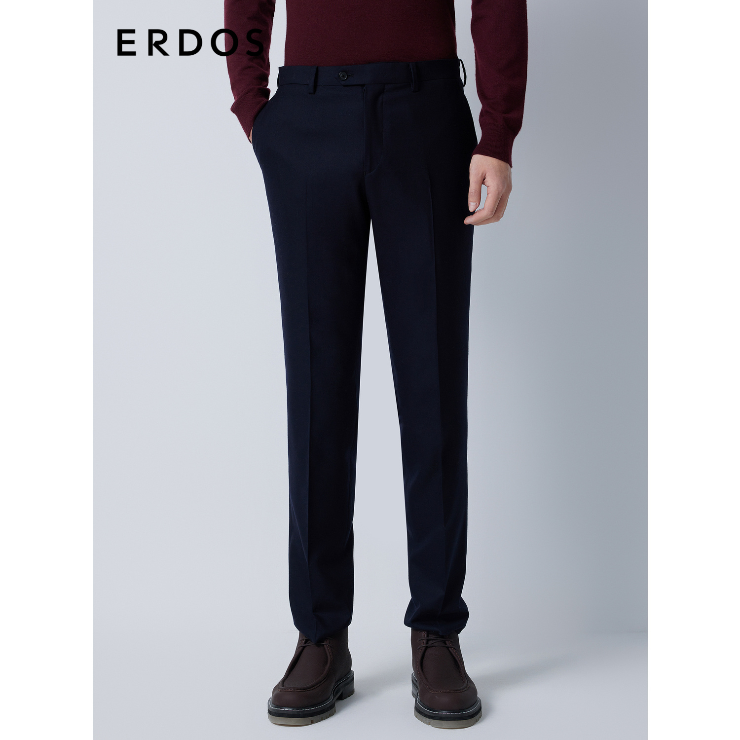 ERDOS 男装羊毛羊绒混纺西裤秋冬深蓝色直筒裤薄款通勤长裤