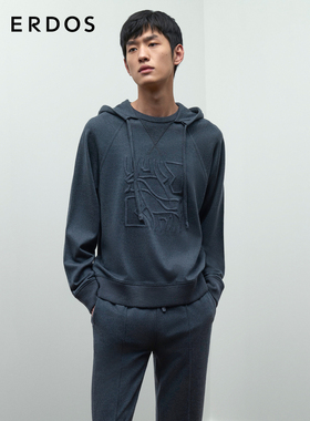 ERDOS GOAT图案灰色卫衣男装秋款连帽羊毛绒混纺针织衫