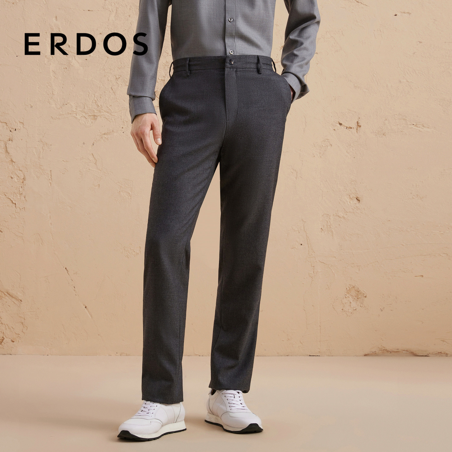 ERDOS 男装羊毛绒混纺西裤秋冬深灰色后松紧腰设计直筒长裤,男装,休闲裤,淘宝优惠券,粉丝福利购,淘宝优惠卷