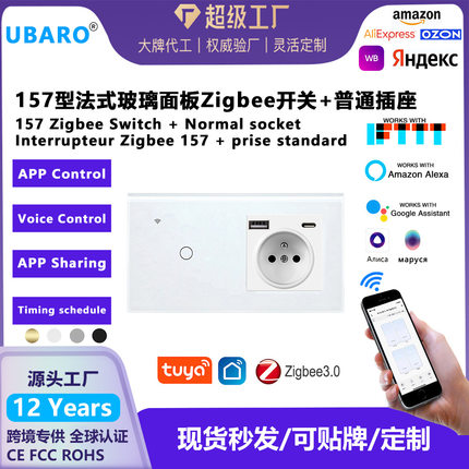 157型Tuya法式Zigbee开关插座组装圆底盒钢化玻璃开关面板插座批