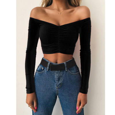 3 colors Women Sexy Off Shoulder Long Sleeve Shirt Cropped
