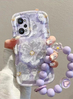 适用realmeq5pro手机壳紫色油画花朵realmeq5pro硅胶防摔透明可爱女网红ins小清新镜头全包新款潮