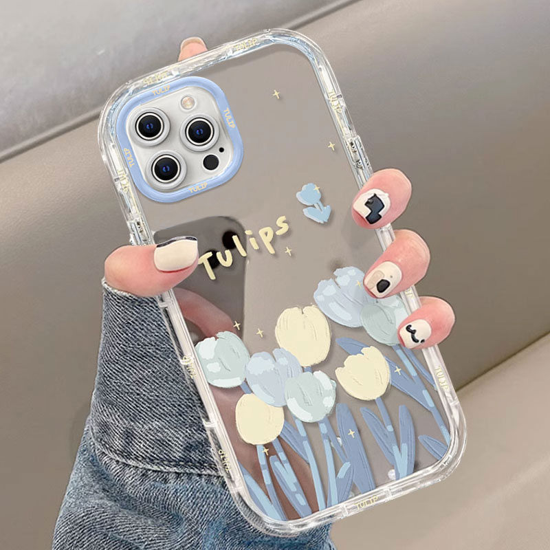 适用苹果15手机壳新款iphone14promax带镜子碎花小花ip13全包12简约11防摔x8硅胶透明高级感76se专用保护套女