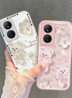 适用华为荣耀play8t手机壳蝴蝶结小熊CLK-AN00防摔卡通女网红金属漆玻璃全包新款潮