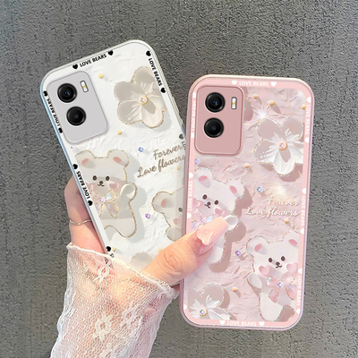 适用vivoy55s手机壳蝴蝶结小熊vivoy32t金属漆玻璃防摔高级感卡通女网红全包新款潮