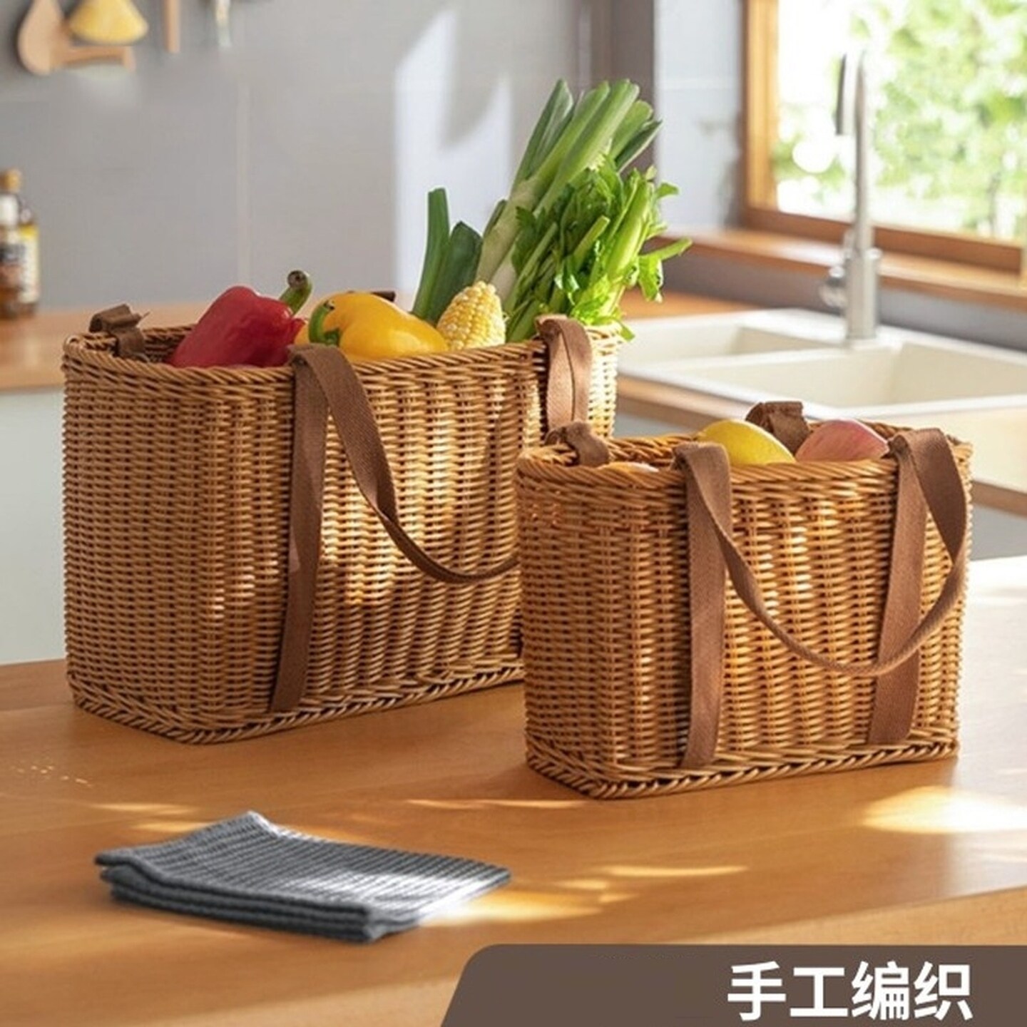 仿藤手工编织提篮购物买菜篮子水果蔬菜采摘伴手礼花篮手提篮野餐