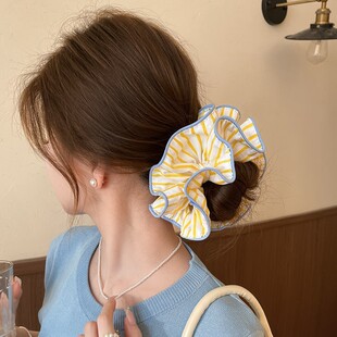 柠檬汽水~黄色条纹大肠发圈女高级感韩系丸子头发绳大号头绳发饰