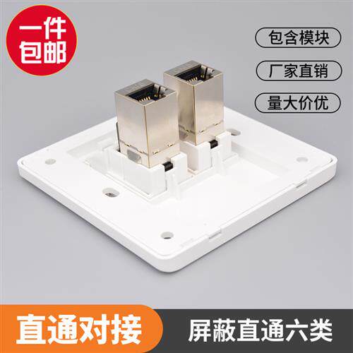 双口直通六类屏蔽网路线口插座千兆电脑模块二位网路对接双通头面