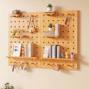 洞洞板墙面置物架实木定制造型墙桌面入户玄关免打孔挂墙书桌挂板