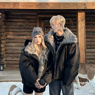 情侣装冬季大毛领男女款短款棉服加厚保暖美式复古防寒棉衣外套