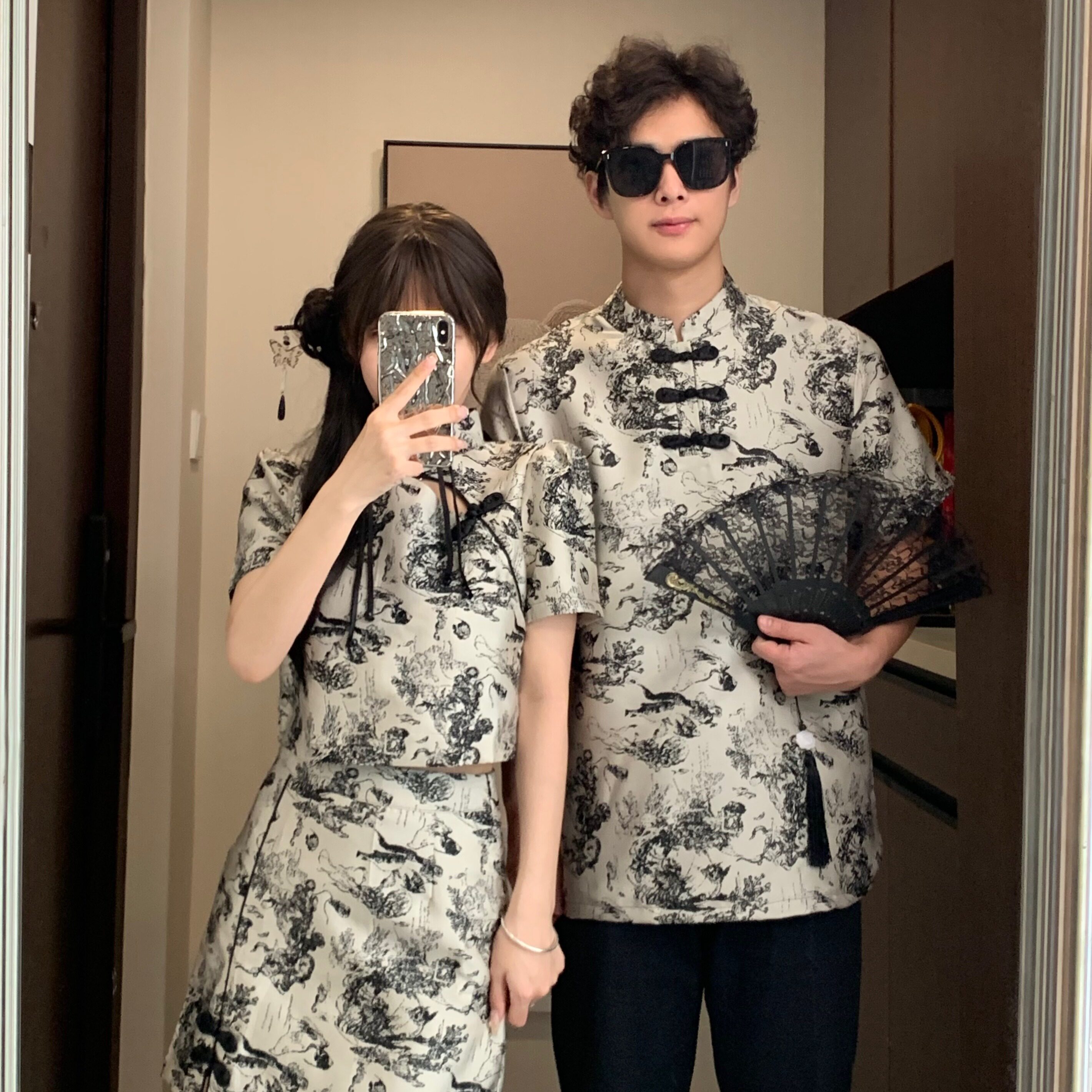 小众设计感情侣装夏季盘扣短袖衬衫新中式情侣连衣裙一裙一衣潮