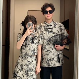 新中式 小众设计感情侣装 衬衫 盘扣短袖 情侣连衣裙一裙一衣潮 夏季