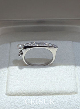 S925纯银韩系简约闪钻一字珍珠戒指女款精致小众设计感百搭食指戒