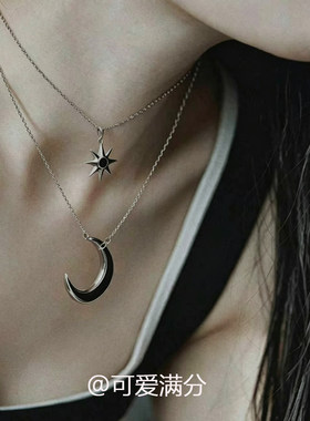 简约冷淡系银黑色星月叠戴项链女