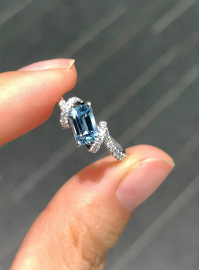 韩系简约清冷感冰透蓝色方糖戒指