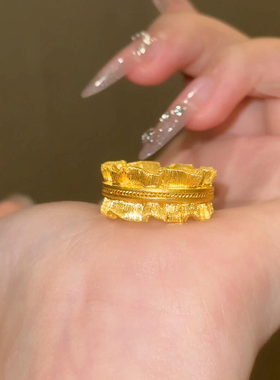 拉丝金色纹理宽面戒指女复古轻奢