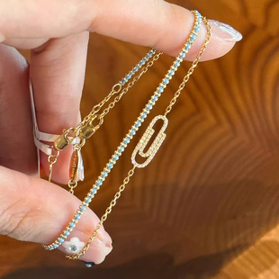 水波绿编绳锁边手绳女回形针闪钻细款手链叠戴双层手饰下