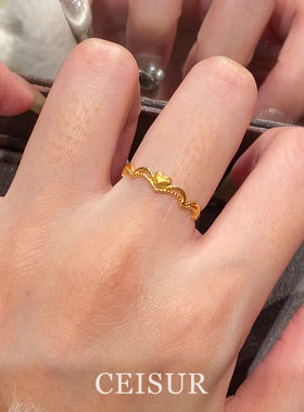 S925纯银古法浪漫镂空波浪爱心双层戒指时尚精致高级秋冬食指戒女