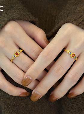 S925纯银宫廷风花丝红色椭圆蛋面戒指女闪钻轻奢高级感金色食指戒