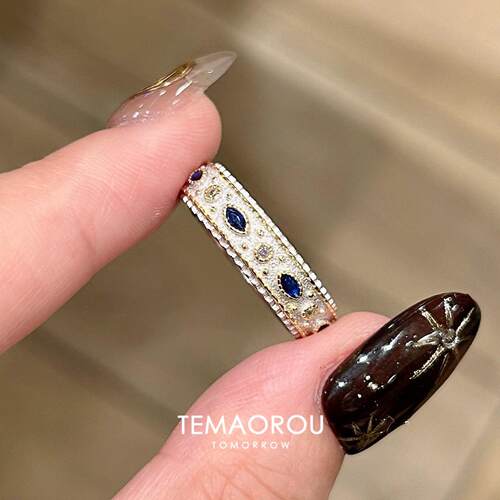 中古仿蓝宝戒指女开口小众设计
