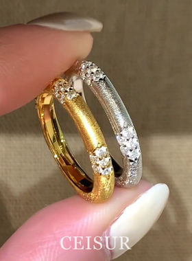 S925纯银古法拉丝复古微镶锆石窄版戒指轻奢高级感时尚百搭食指戒