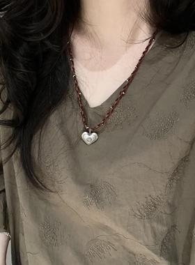 新中式花朵爱心项链女款高级小众民族风做旧设计感编织毛衣链秋冬