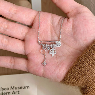 拉丝鸢尾花星芒别针项链女款中古锁骨链高级感轻奢小众毛衣链秋冬