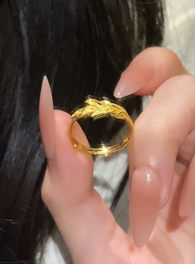 叶片金色戒指女新中式小众设计爆闪指环轻奢高级感复古时尚食指戒