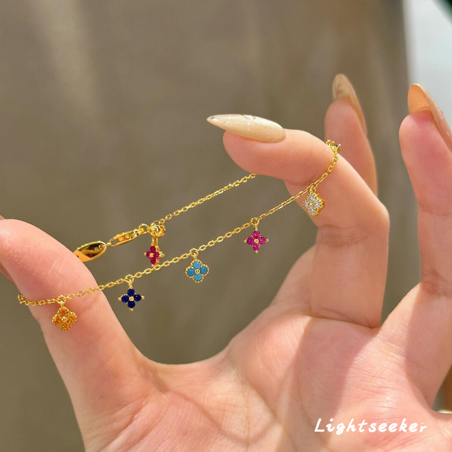 彩色锆石四叶花手链女多巴胺甜美