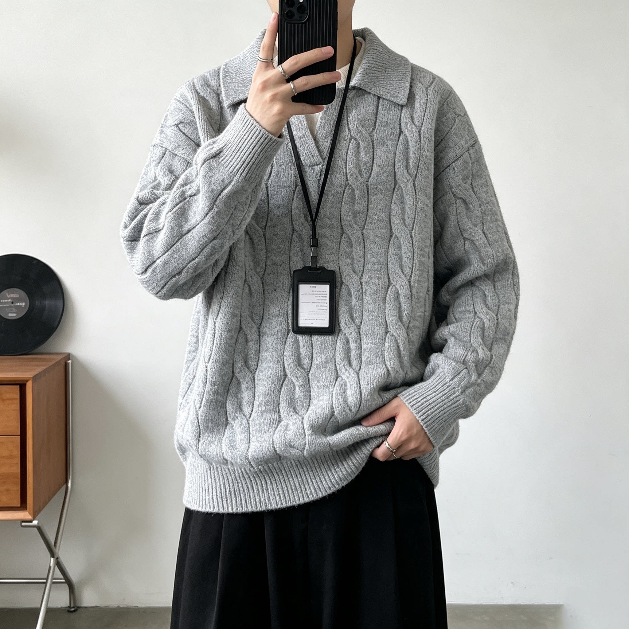 老钱风加厚慵懒宽松假两件新款麻花针织衫翻领毛衣男款秋冬毛线衣