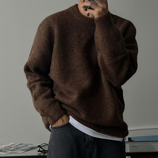 加厚圆领毛衣男老钱风秋冬季慵懒风外穿高级感青少年针织衫毛线衣