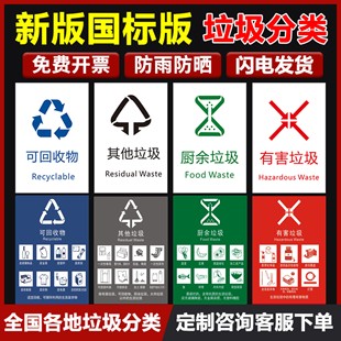垃圾分类标识贴纸垃圾桶分类贴新版新国标垃圾分类标识贴纸北京上海垃圾箱贴纸可回收不可回收厨余垃圾贴纸