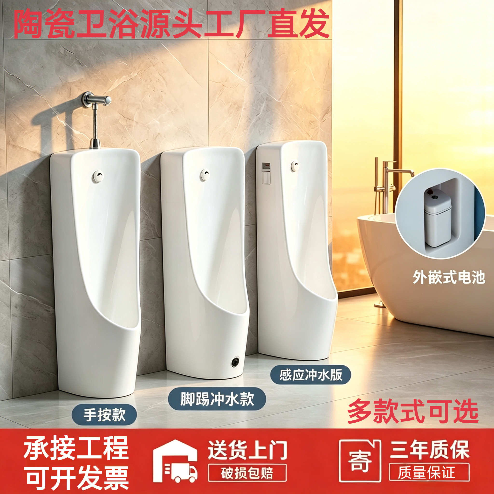 立式自动感应小便器落地式工程陶瓷家用厕所便斗卫生间防臭小便池
