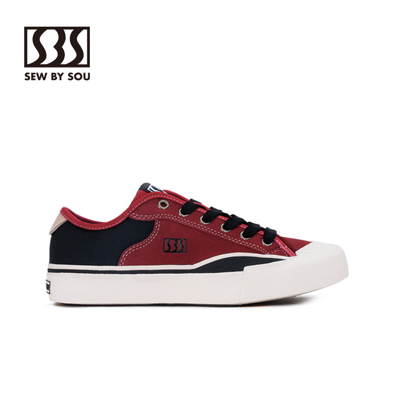 SEWBYSOU美式复古红黑拼色帆布鞋