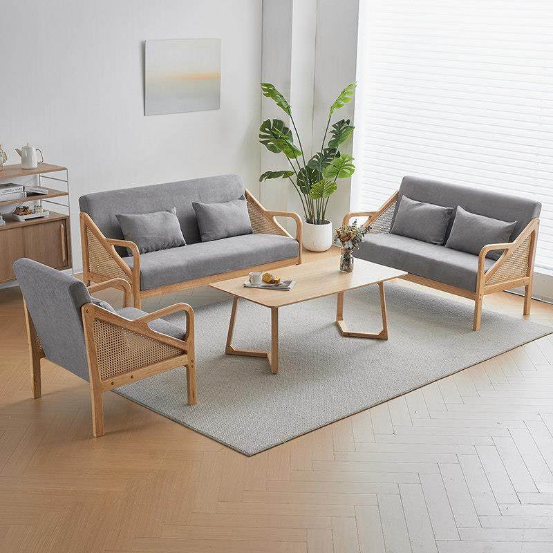 现代简约藤编实木办公室会客沙发休息区洽谈茶几双三人位桌椅组合