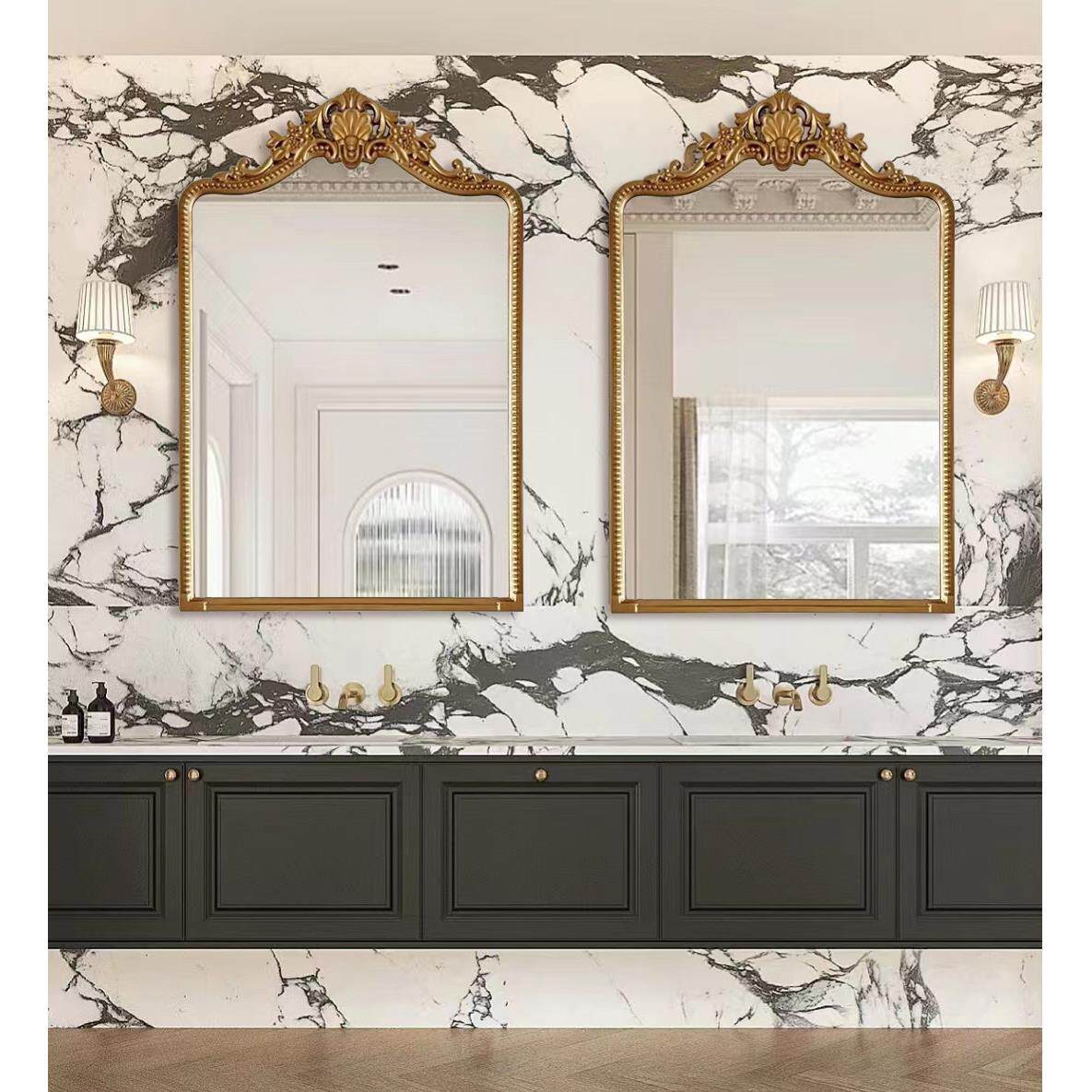 法式壁炉镜定制复古化妆镜古典雕花壁挂镜卫生间浴室镜带灯化妆镜