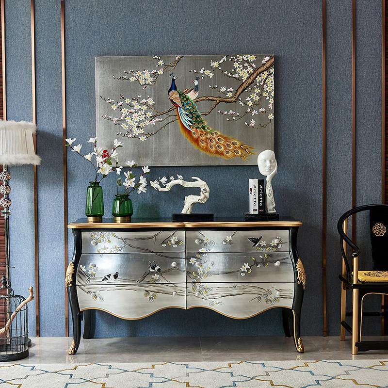 现代新中式酒堂大堂别墅高端入户实木彩绘欧式门厅玄关台柜装饰柜