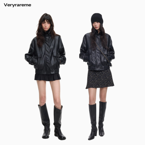 Veryrareme 立领小翻领两穿环保皮衣外套