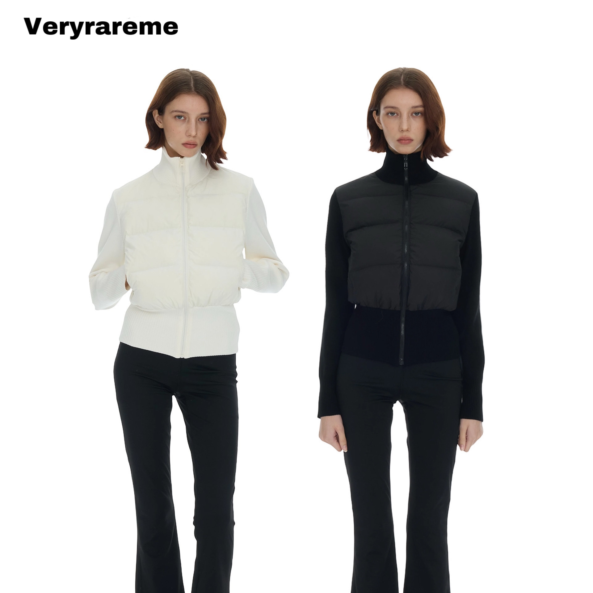 Veryrareme 90白鸭绒立领高腰针织拼接羽绒服